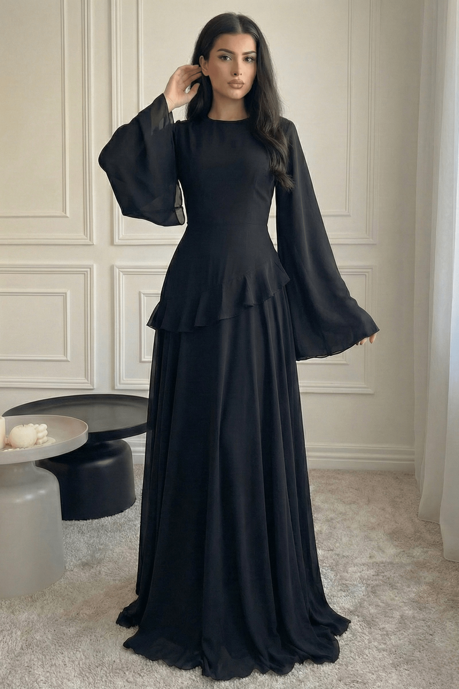 Elegant Luxury Lightweight Long Sleeve Maxi Dress-Black