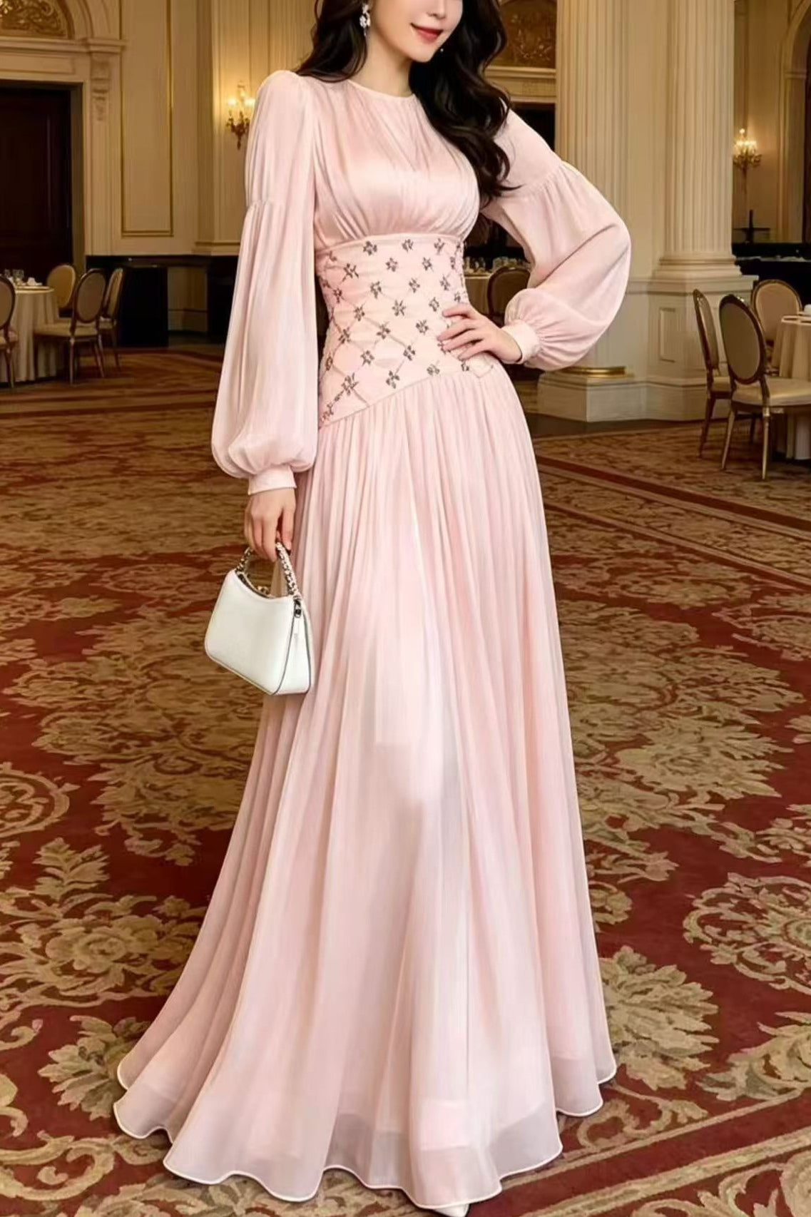 rhinestones pleats dress Liora Rhinestone Waist Pleated Maxi Dress-Pink emerald party gown flowing into a floor Top 10 All-White Outfits Color:Cream Patent