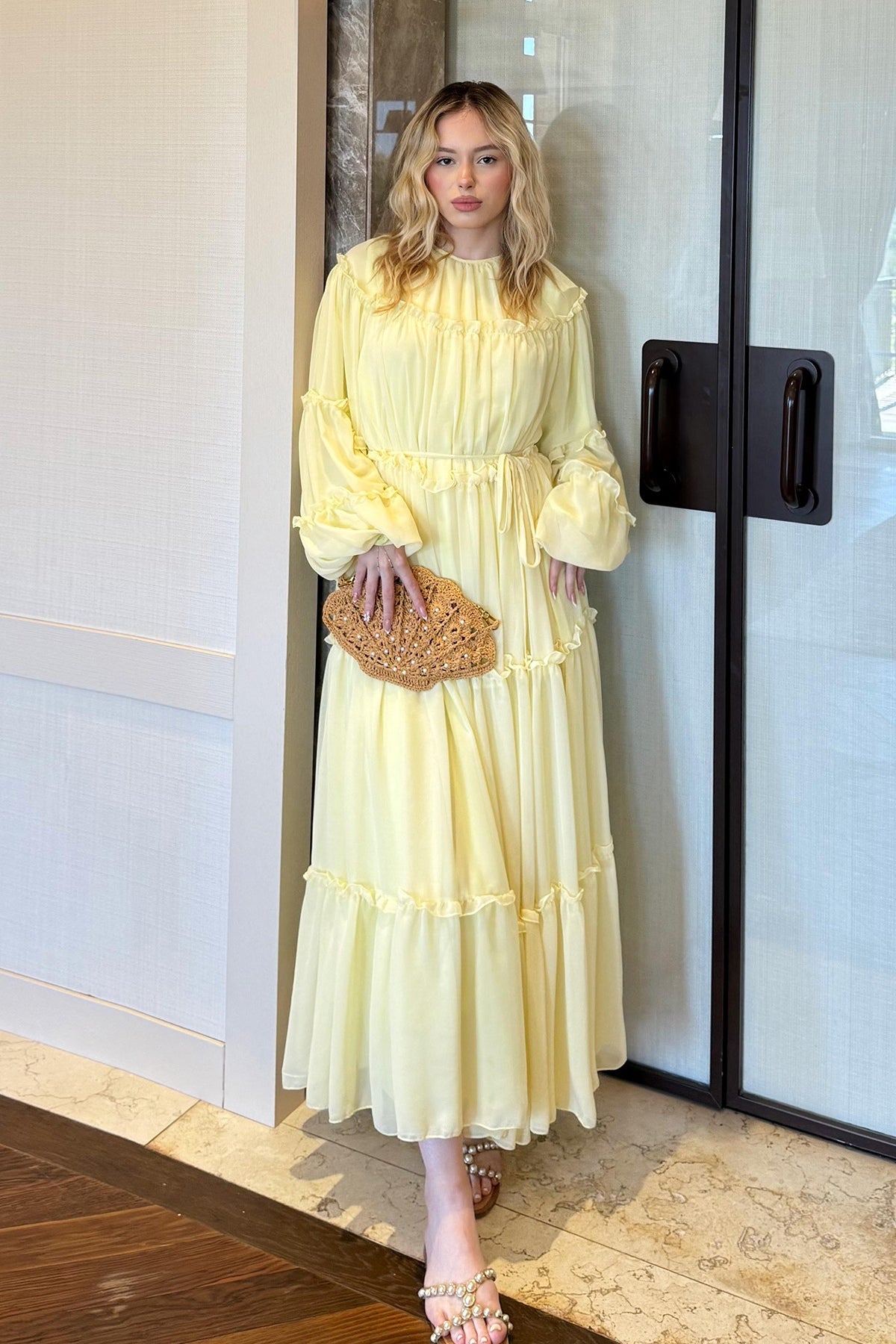 Tiered Ruffle Chiffon Maxi Dress-Yellow