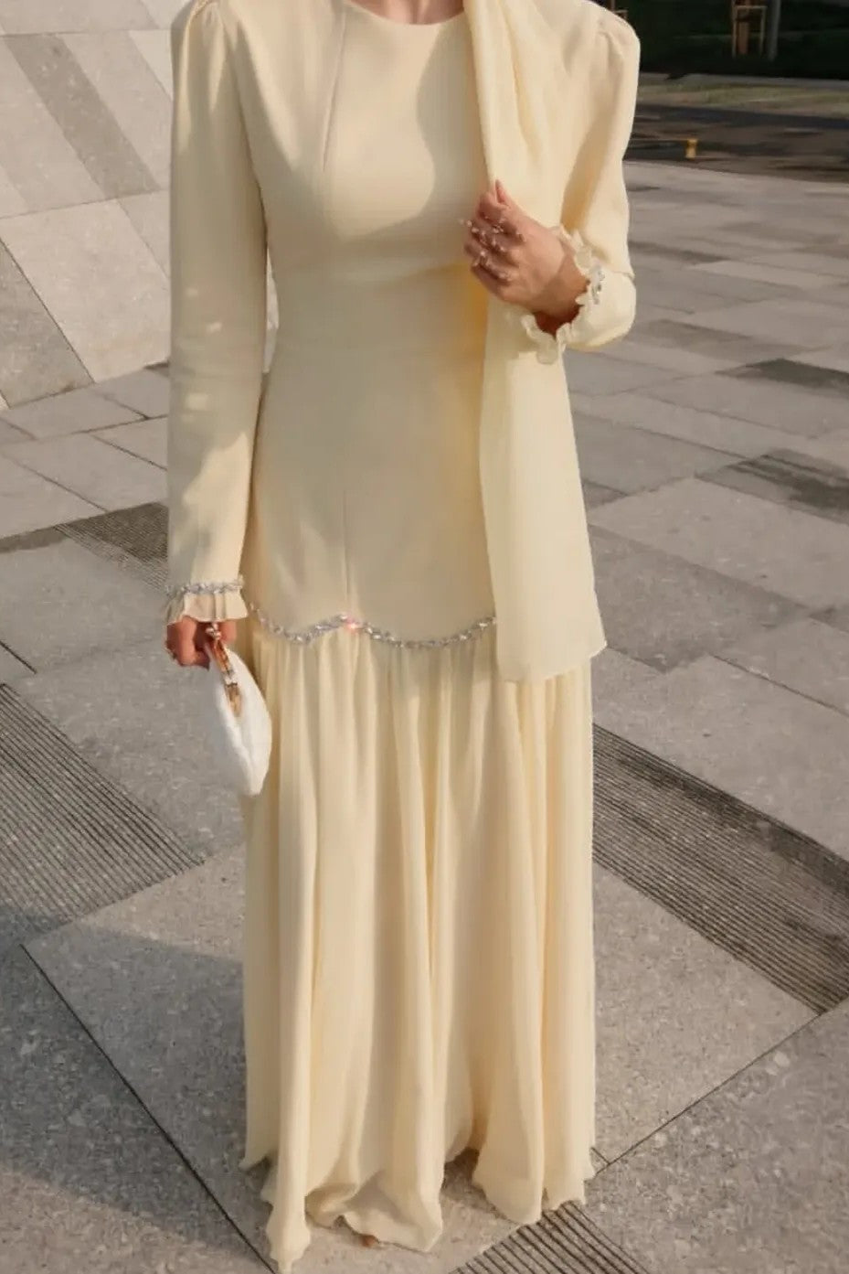 Elegant Peplum Maxi Dress with Crystal Scalloped Trim-Yellow