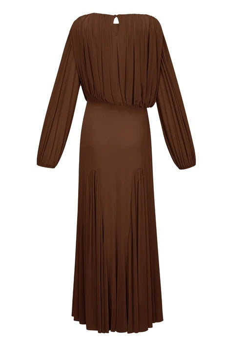 Zoe Pleated Chiffon Long Sleeve Maxi Gown-Brown