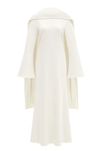 Pearl-Trimmed Cape Modest Evening Gown-White