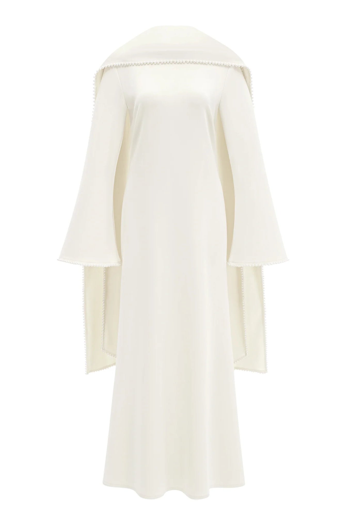 Pearl-Trimmed Cape Modest Evening Gown-White