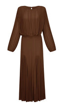 Zoe Pleated Chiffon Long Sleeve Maxi Gown-Brown