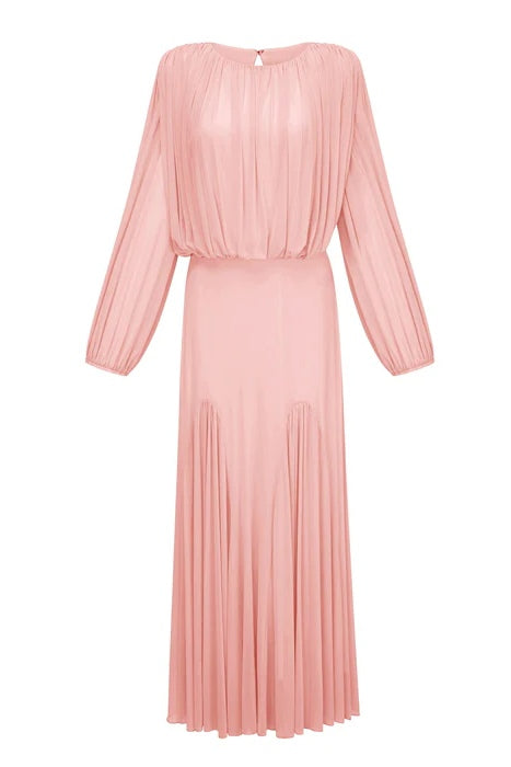 Zoe Pleated Chiffon Long Sleeve Maxi Gown-Pink