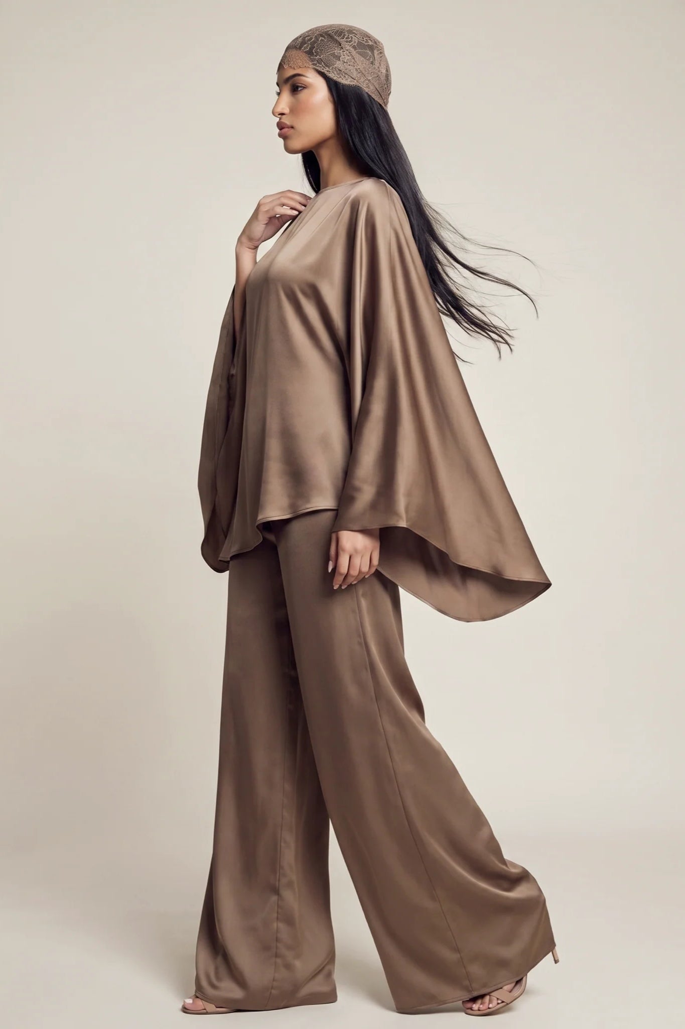 Sarah Cape Sleeve Pant Set-Brown