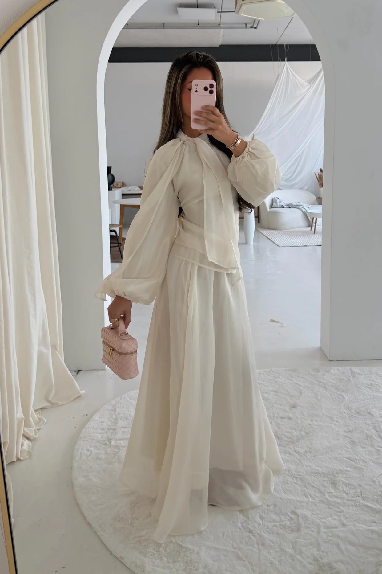 Luminous Organza Tie Neck Maxi Dress-White