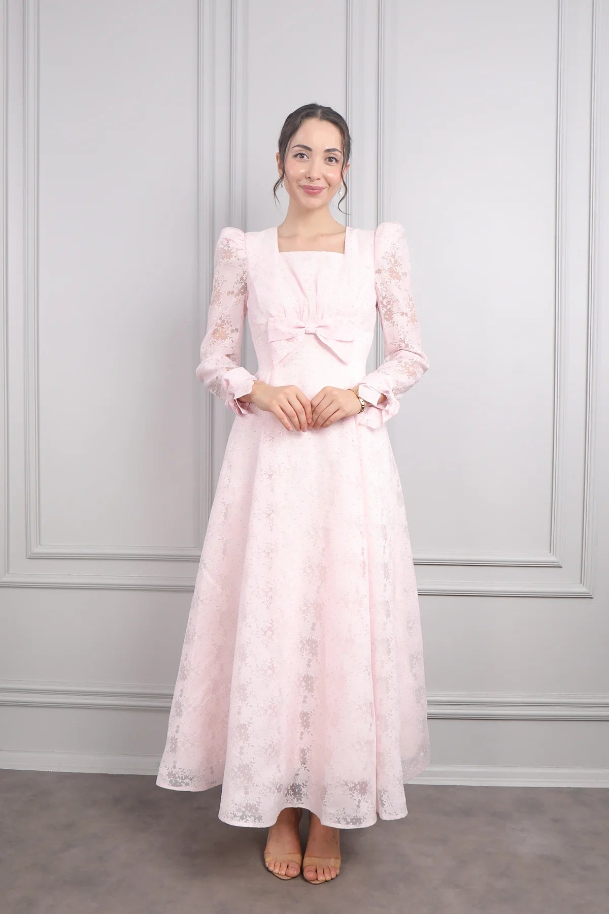 Elara Bow Floral Puff Sleeve Midi-Pink