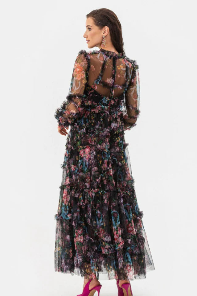 Candice Floral Ruffled Tulle Midi Dress-Black