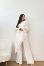 Lace-Trimmed Asymmetric Satin Modest Tunic-White