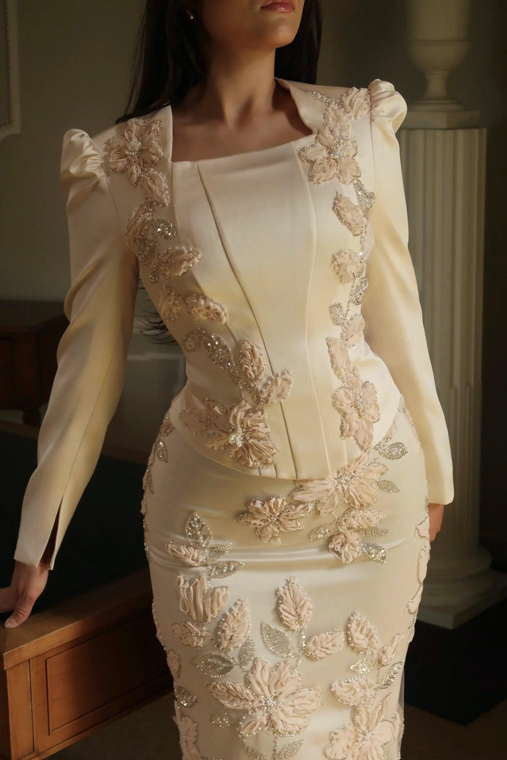 Liora Crystal Floral Evening Matching Set-White