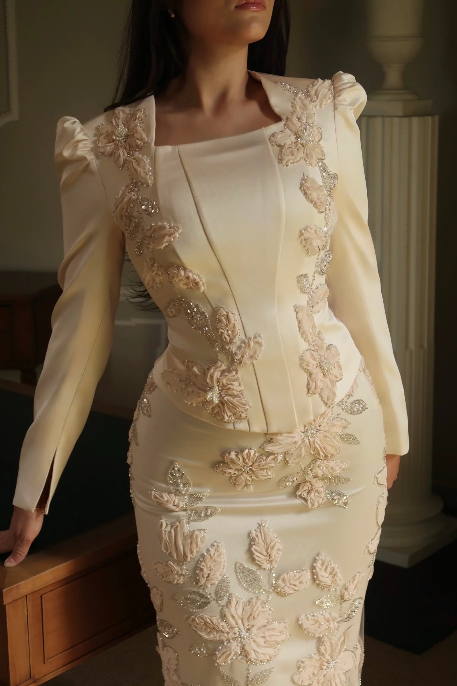 Liora Crystal Floral Evening Matching Set-White