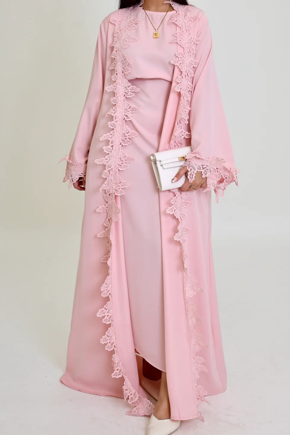 Sahara Floral Lace Trim Two Piece Abaya Set-Pink