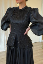 Lace Peplum Pleated Maxi Dress-Black