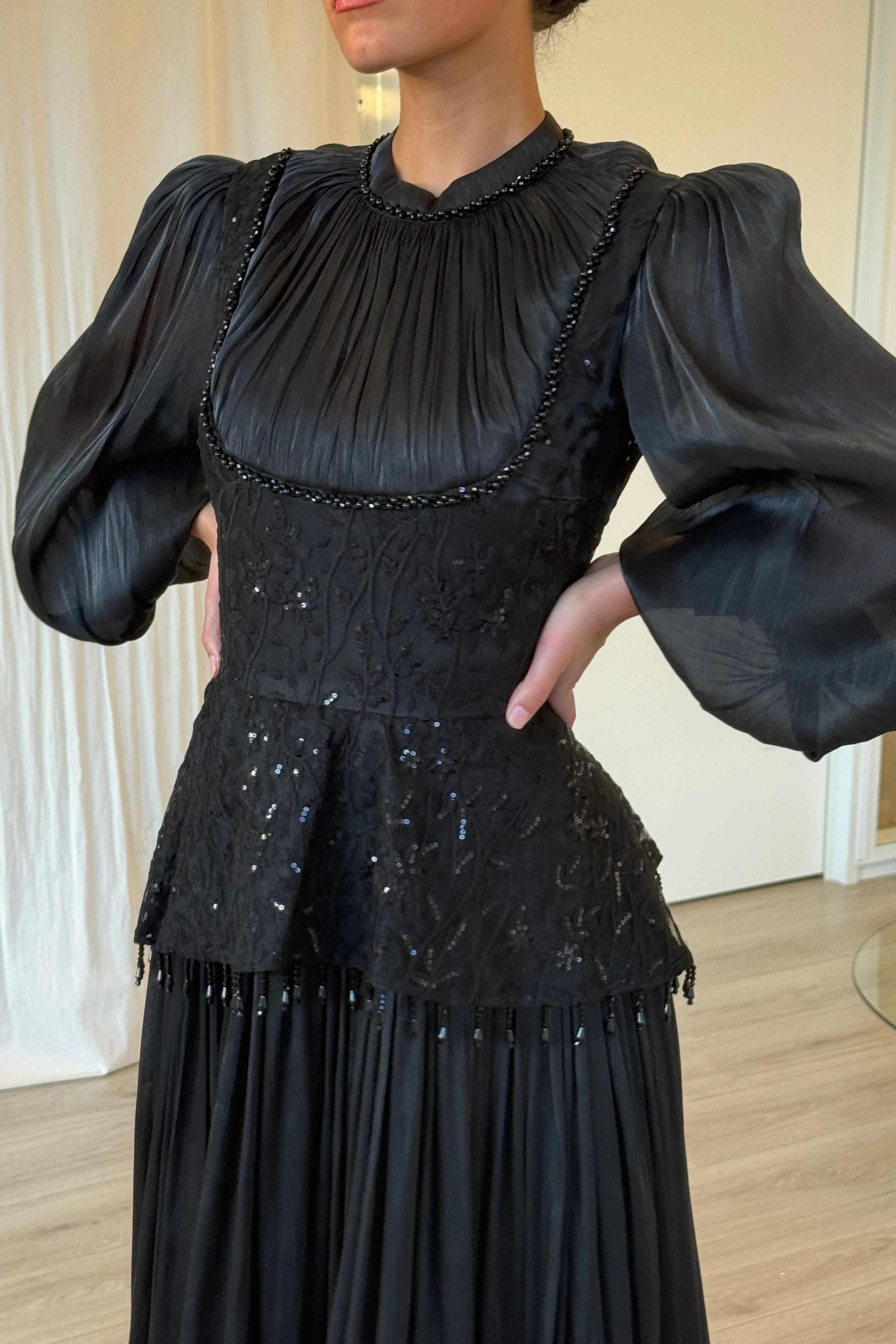 Lace Peplum Pleated Maxi Dress-Black
