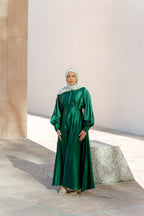 Luminous Satin Ruched-Bust Maxi Dress-Green