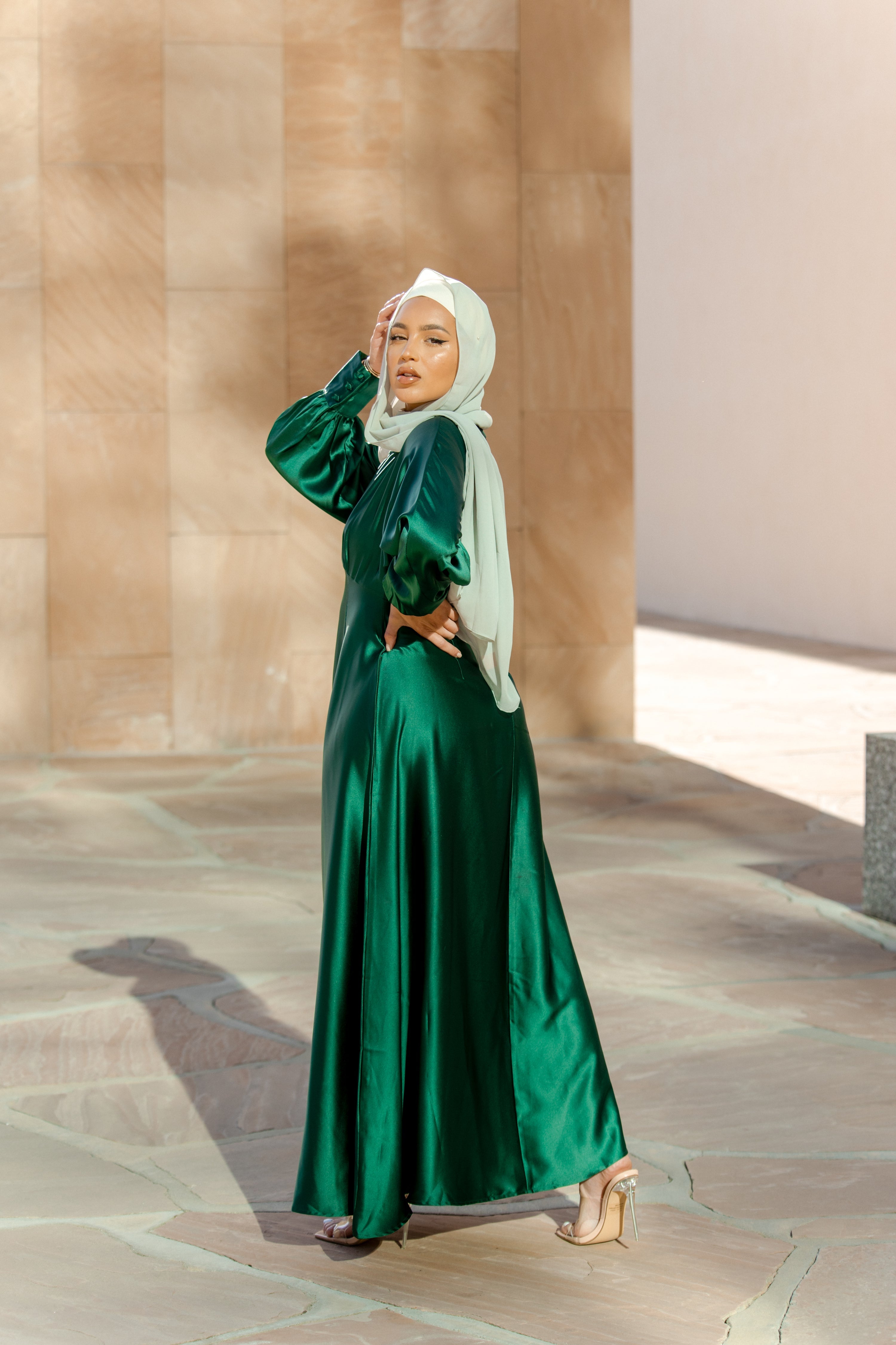 Luminous Satin Ruched-Bust Maxi Dress-Green