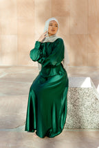 Luminous Satin Ruched-Bust Maxi Dress-Green