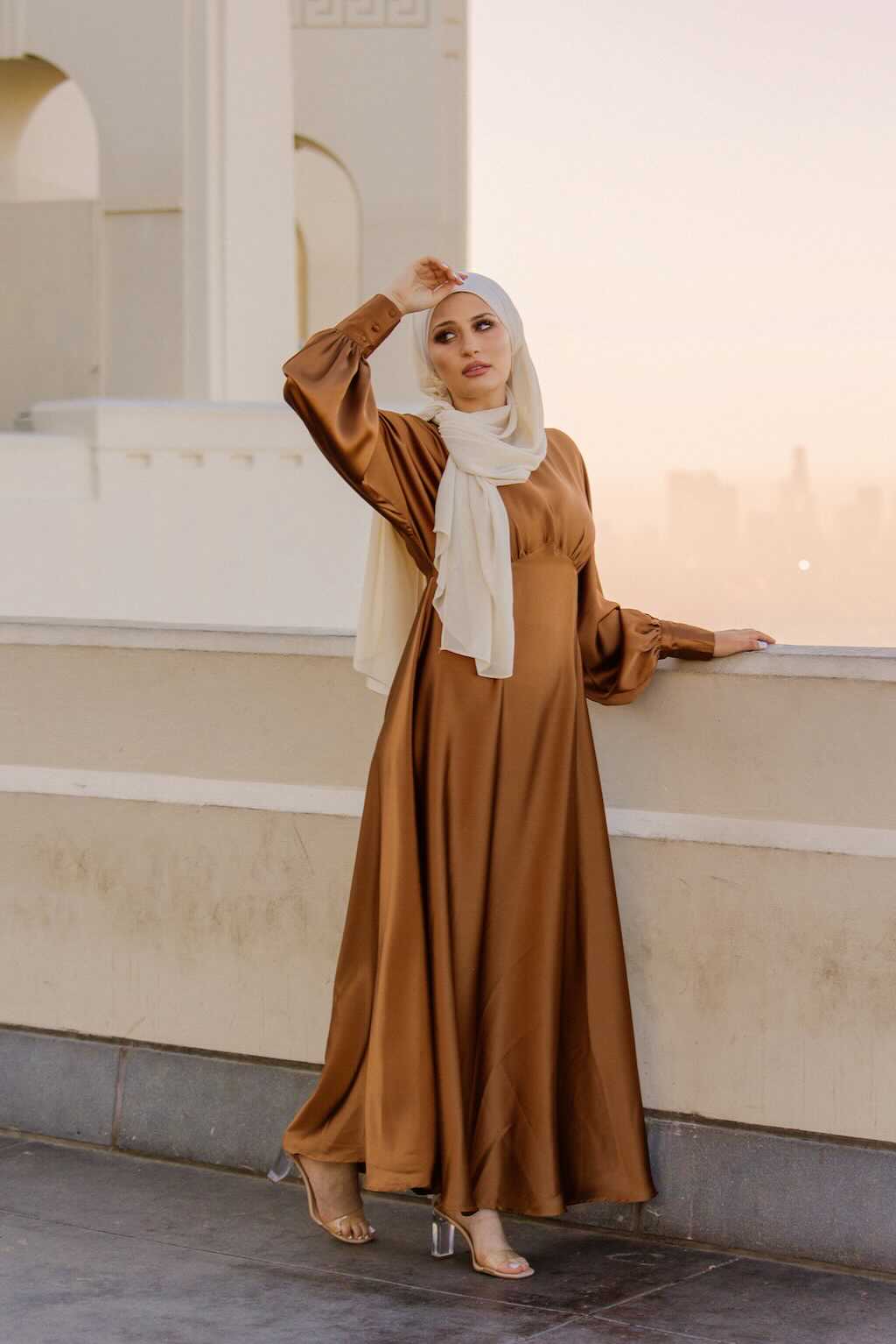 Luminous Satin Ruched-Bust Maxi Dress-Brown