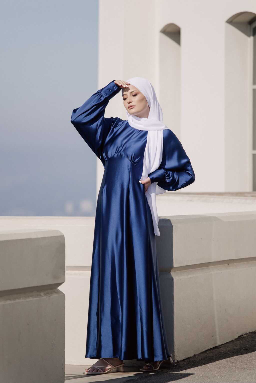 Luminous Satin Ruched-Bust Maxi Dress-DarkBlue