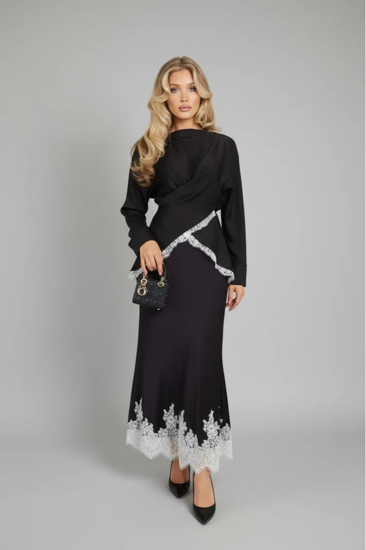 Dania Wrap Lace Trim Two Piece Co-ord-Black