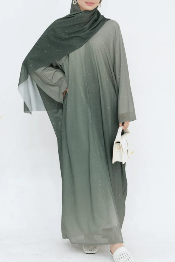 Marissa Sparkly Gradient Abaya With Hijab-Green