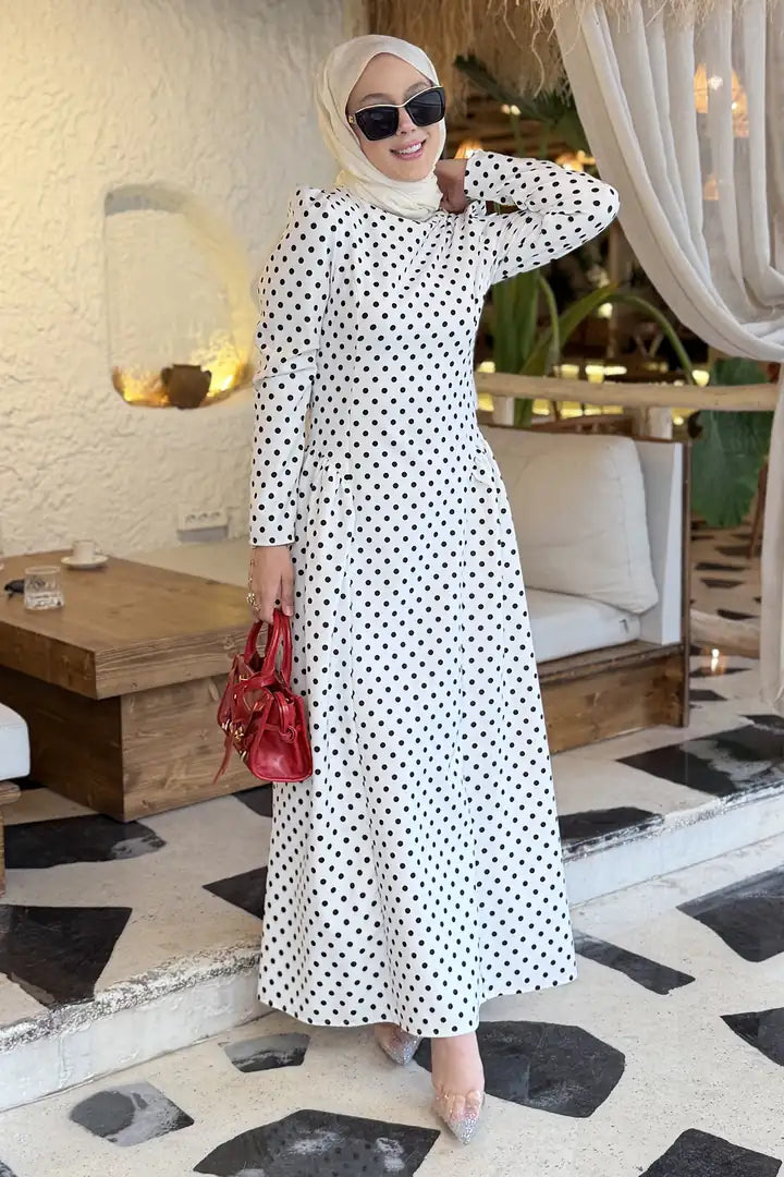 Luna Shoulder Puff Polka Dot Midi Dress-White