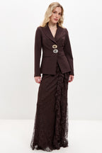 Blair Button Blazer Ruffle Lace Two Piece Set-Brown