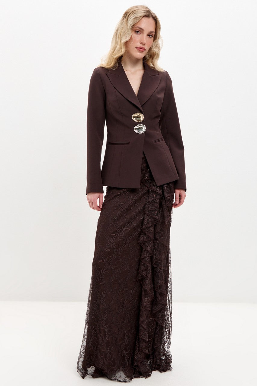 Blair Button Blazer Ruffle Lace Two Piece Set-Brown