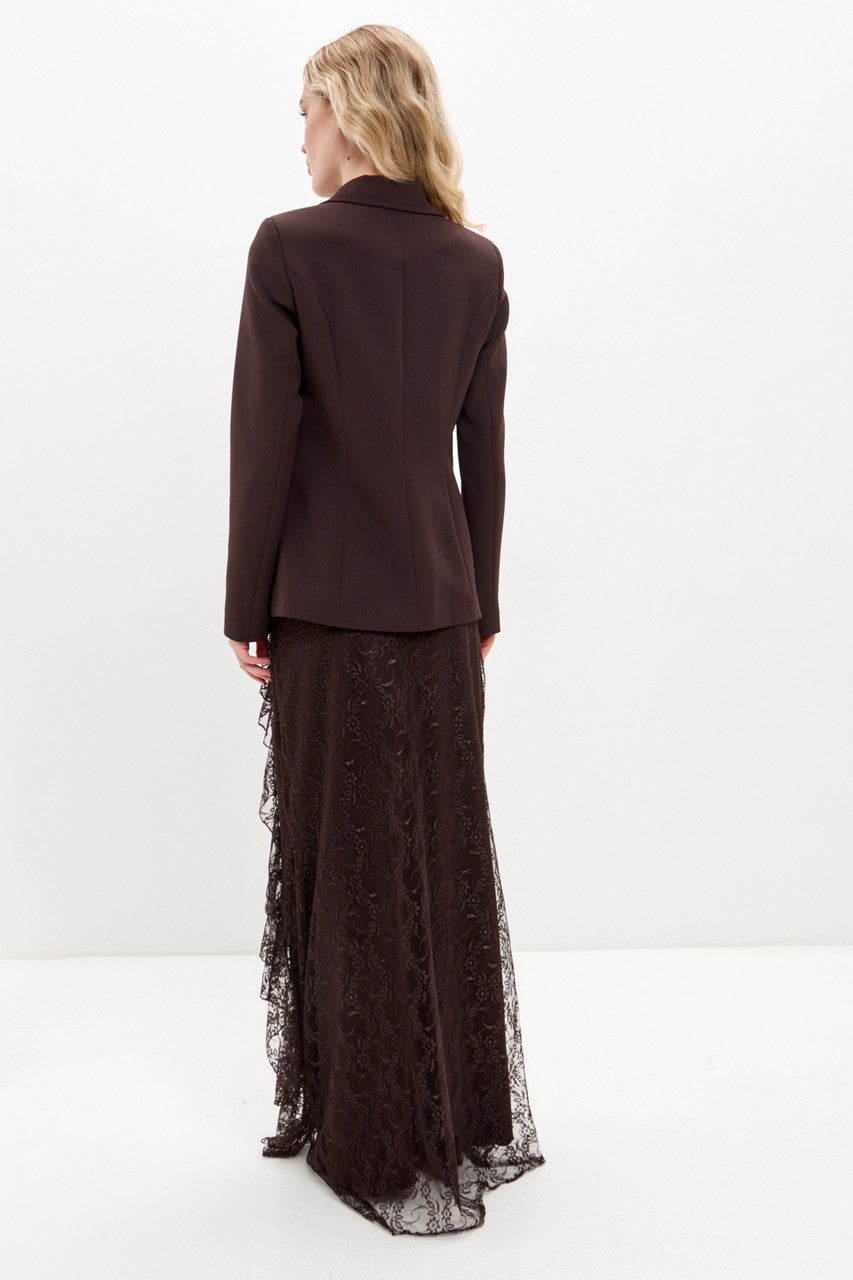 Blair Button Blazer Ruffle Lace Two Piece Set-Brown