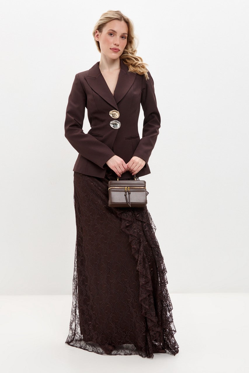 Blair Button Blazer Ruffle Lace Two Piece Set-Brown