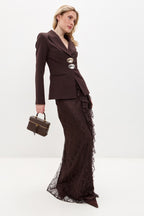 Blair Button Blazer Ruffle Lace Two Piece Set-Brown