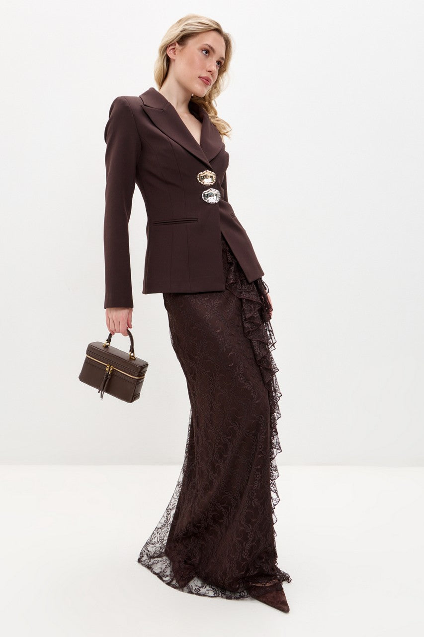Blair Button Blazer Ruffle Lace Two Piece Set-Brown