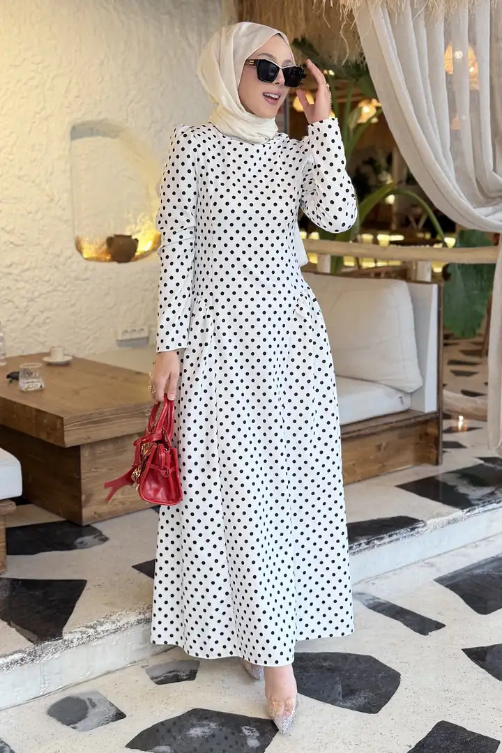 Luna Shoulder Puff Polka Dot Midi Dress-White