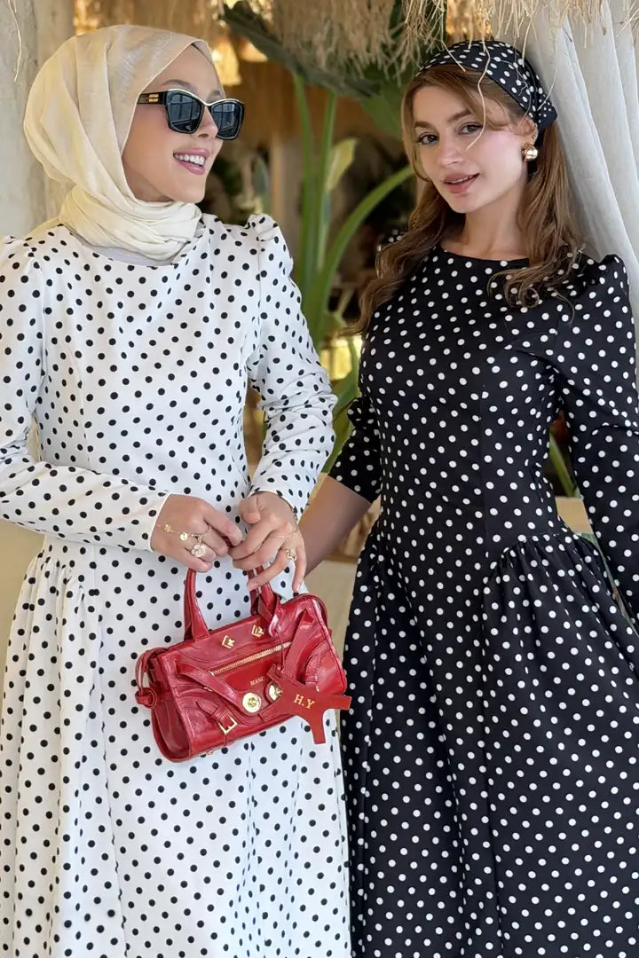 Luna Shoulder Puff Polka Dot Midi Dress-White