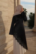 Lace-Trimmed Asymmetric Satin Modest Tunic-Black
