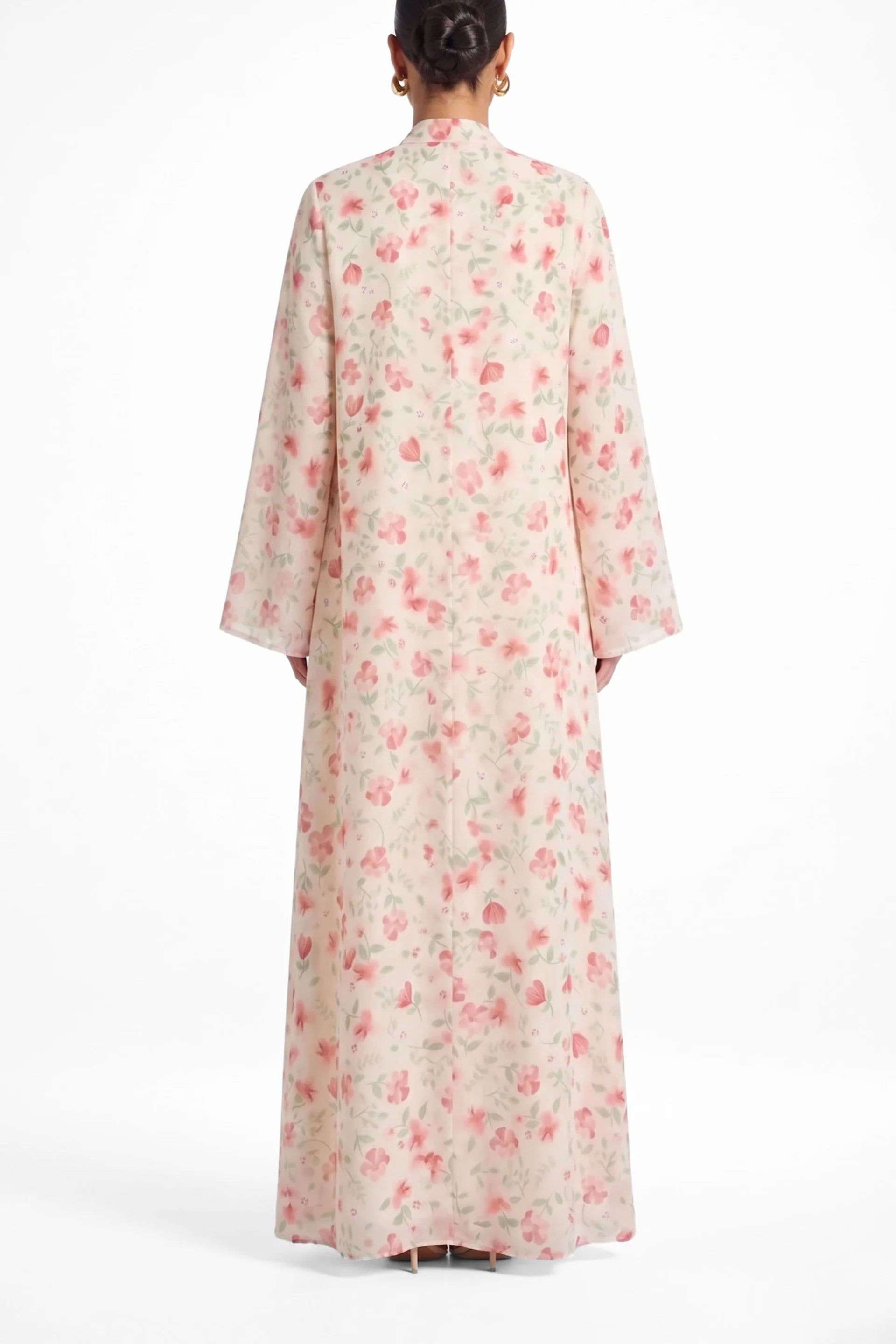 Floral Print Open Abaya & Matching Hijab Two-Piece Set-Pink