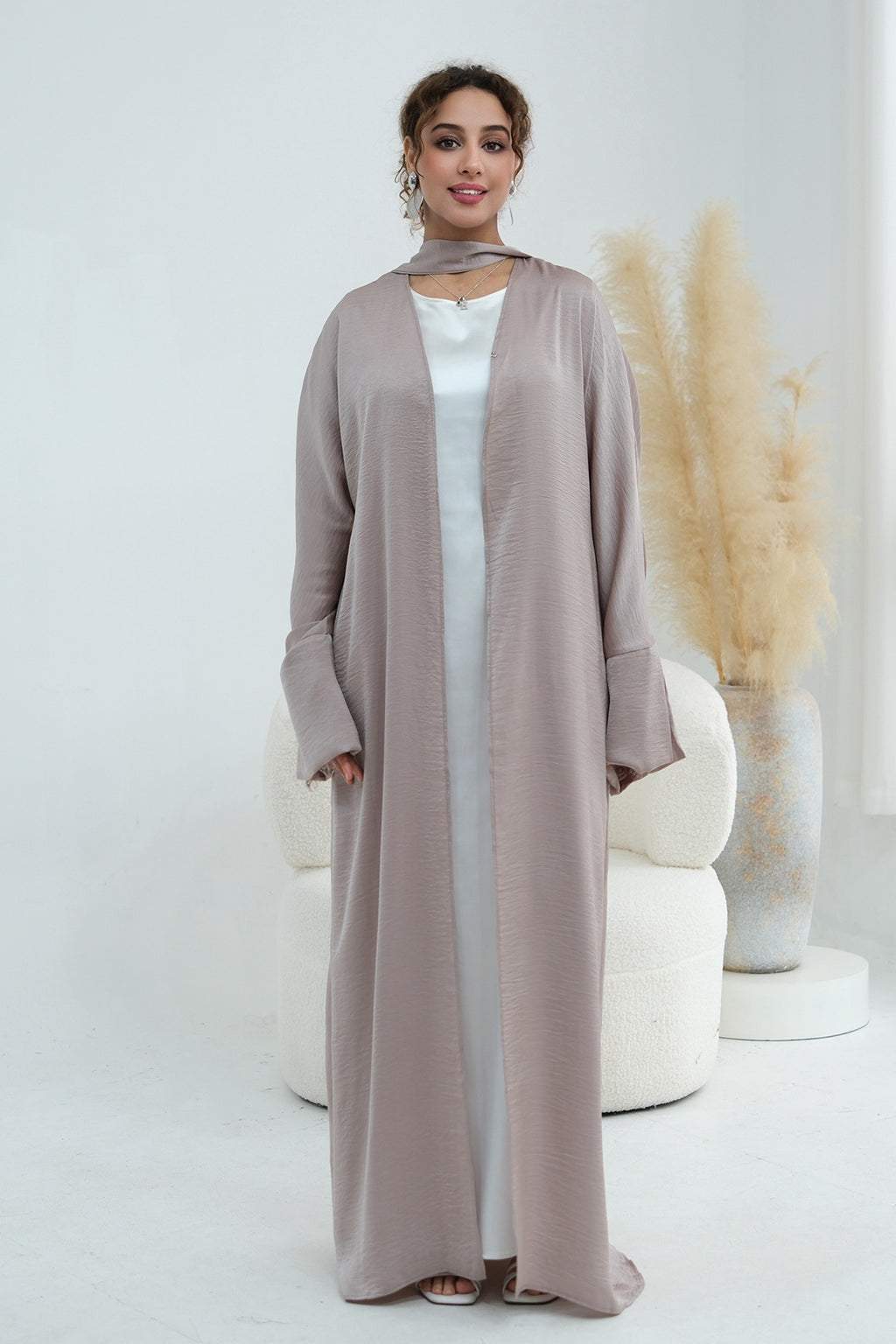 Basma Lace Cuff Stand Collar Long Abaya-Grey