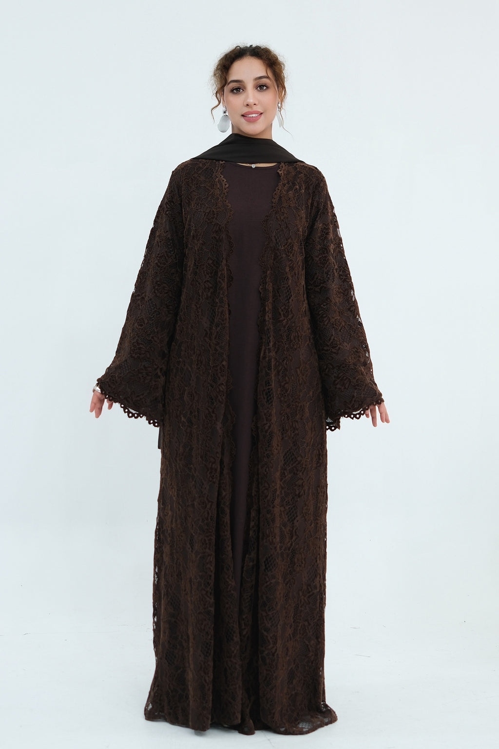 Nurul Floral Lace Open Front Long Abaya-Coffee