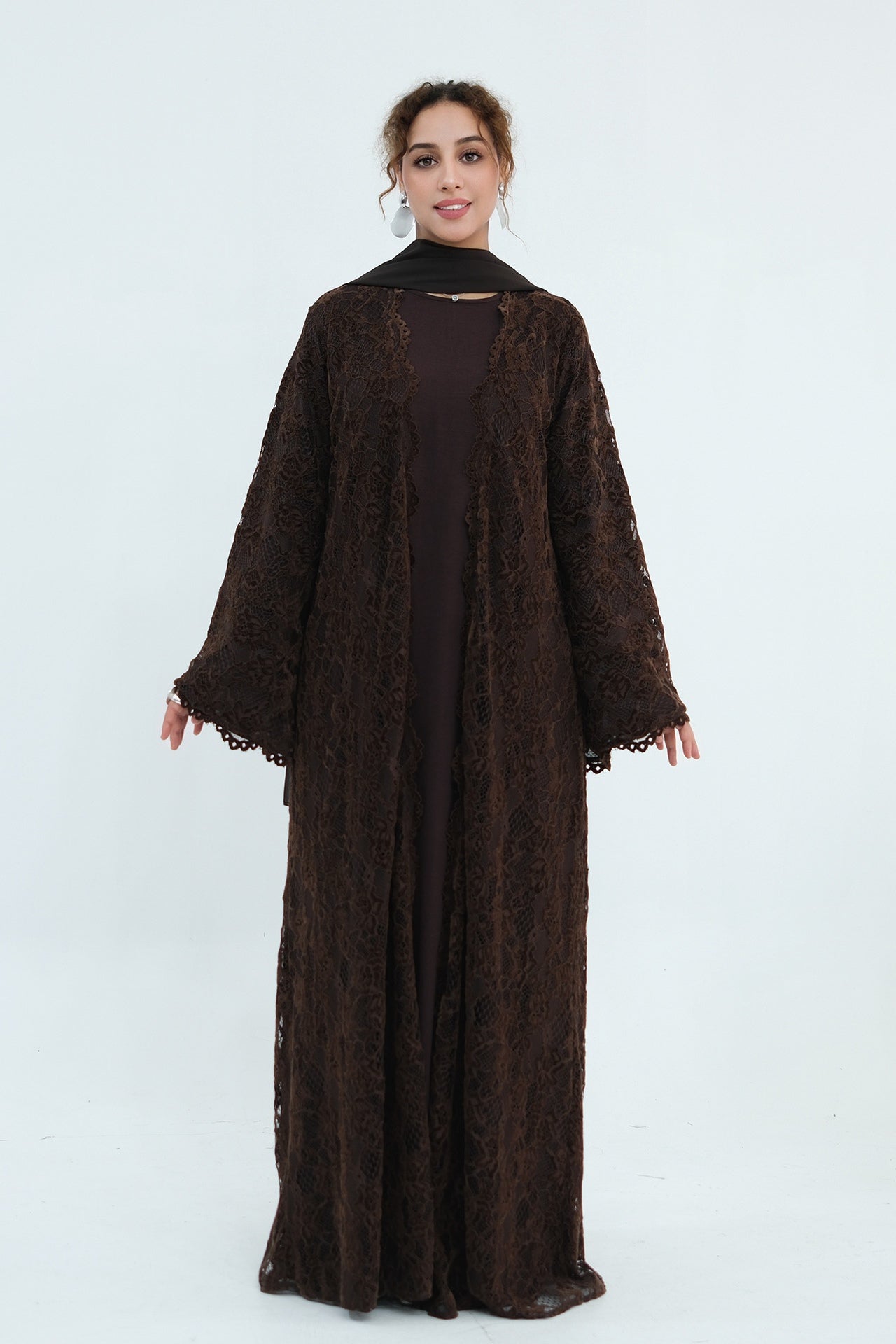 Nurul Floral Lace Open Front Long Abaya-Coffee