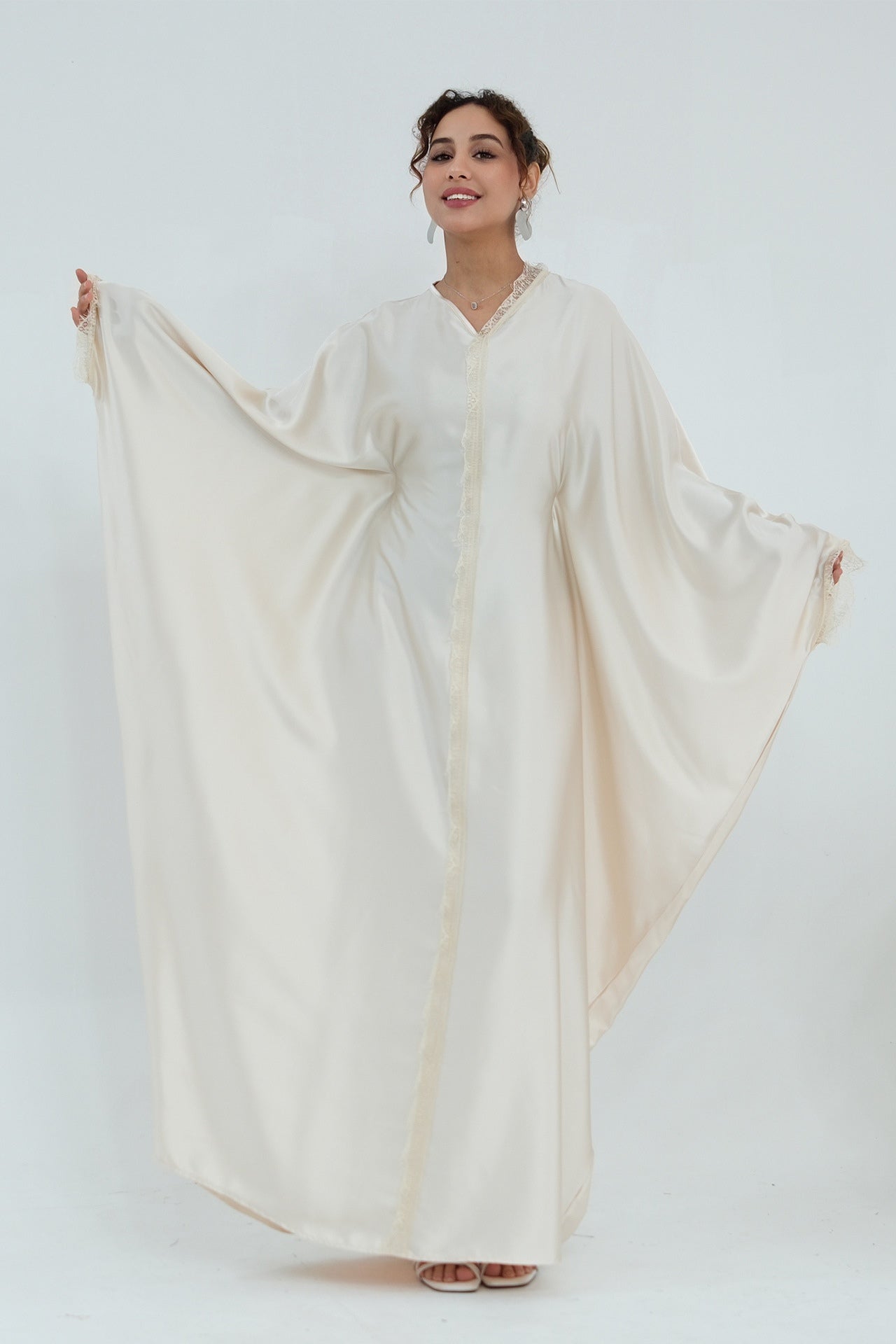 Sara Lace Trim Batwing Satin Abaya-Apricot
