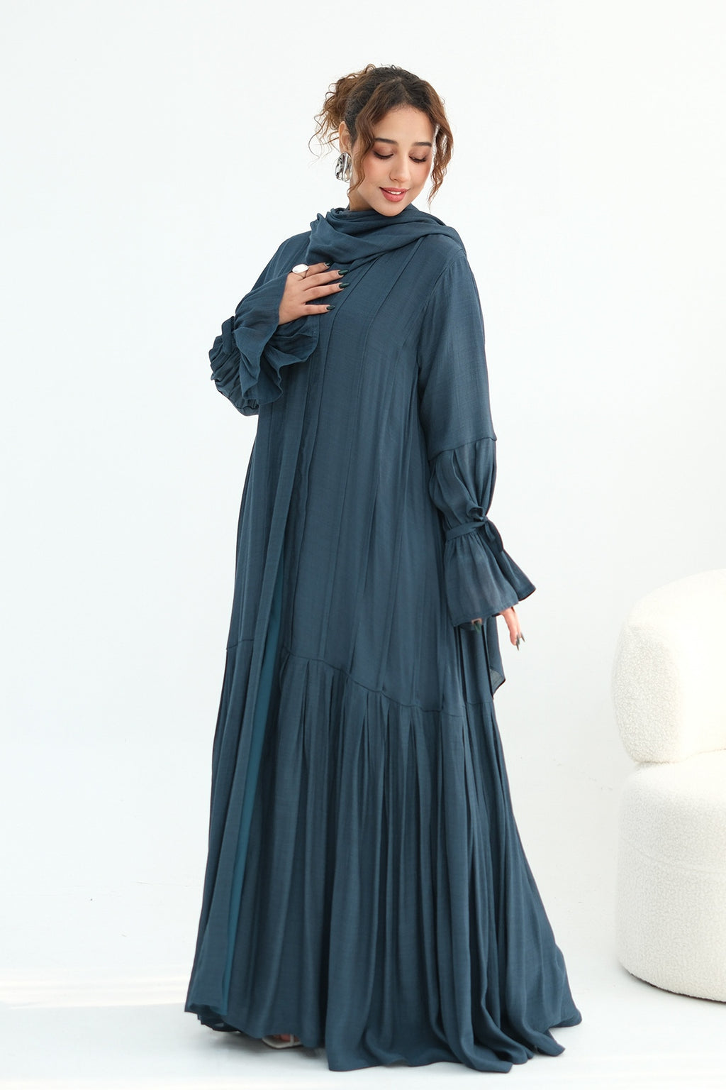 Rahma Tiered Flare Cuff Open Abaya-Blue