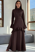 Huda High Neck Flare Sleeve Ruffle Maxi Dress-Brown