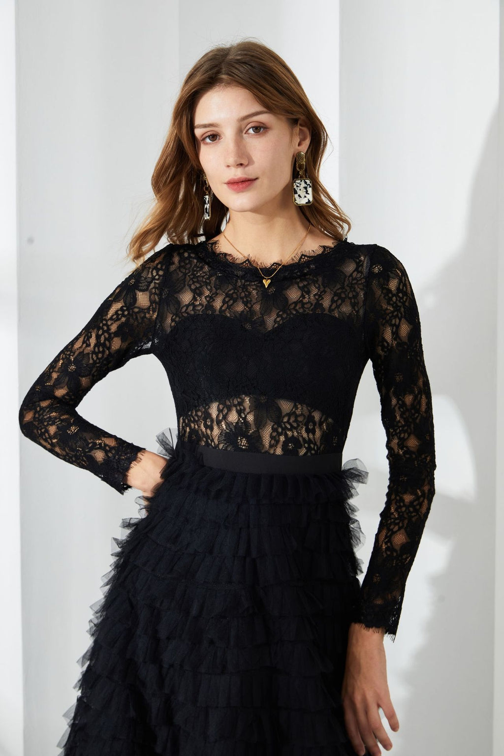 Jayleen Hollow Lace A-line Maxi Dress-Black