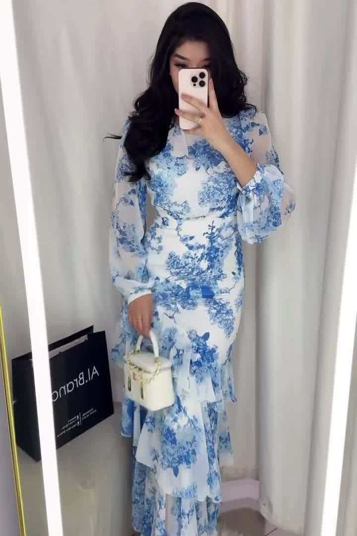 Sylvia Blue Floral Asymmetrical Ruffle Midi