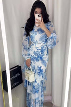Sylvia Blue Floral Asymmetrical Ruffle Midi