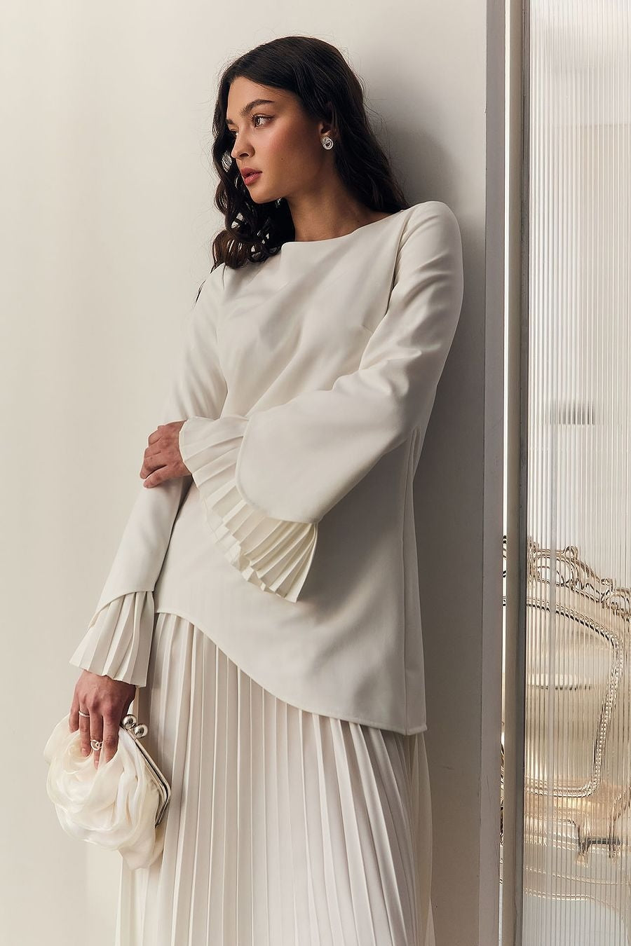 Maren Pleated Layer Midi Dress-Apricot