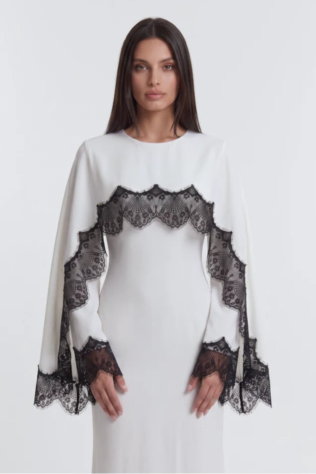 Lace-Trimmed Cape Overlay Modest Maxi Dress-White