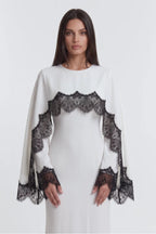 Lace-Trimmed Cape Overlay Modest Maxi Dress-White