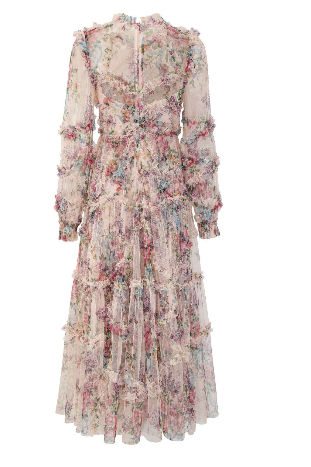 Candice Floral Ruffled Tulle Midi Dress-Apricot